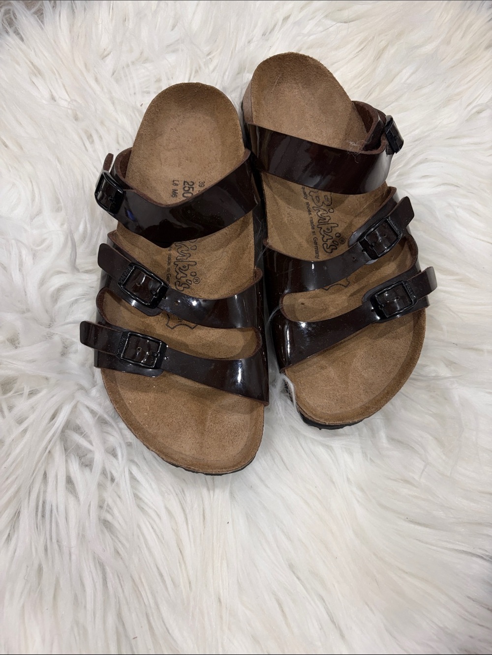 Birkenstock Triple-Strap Patent Brown Sandals